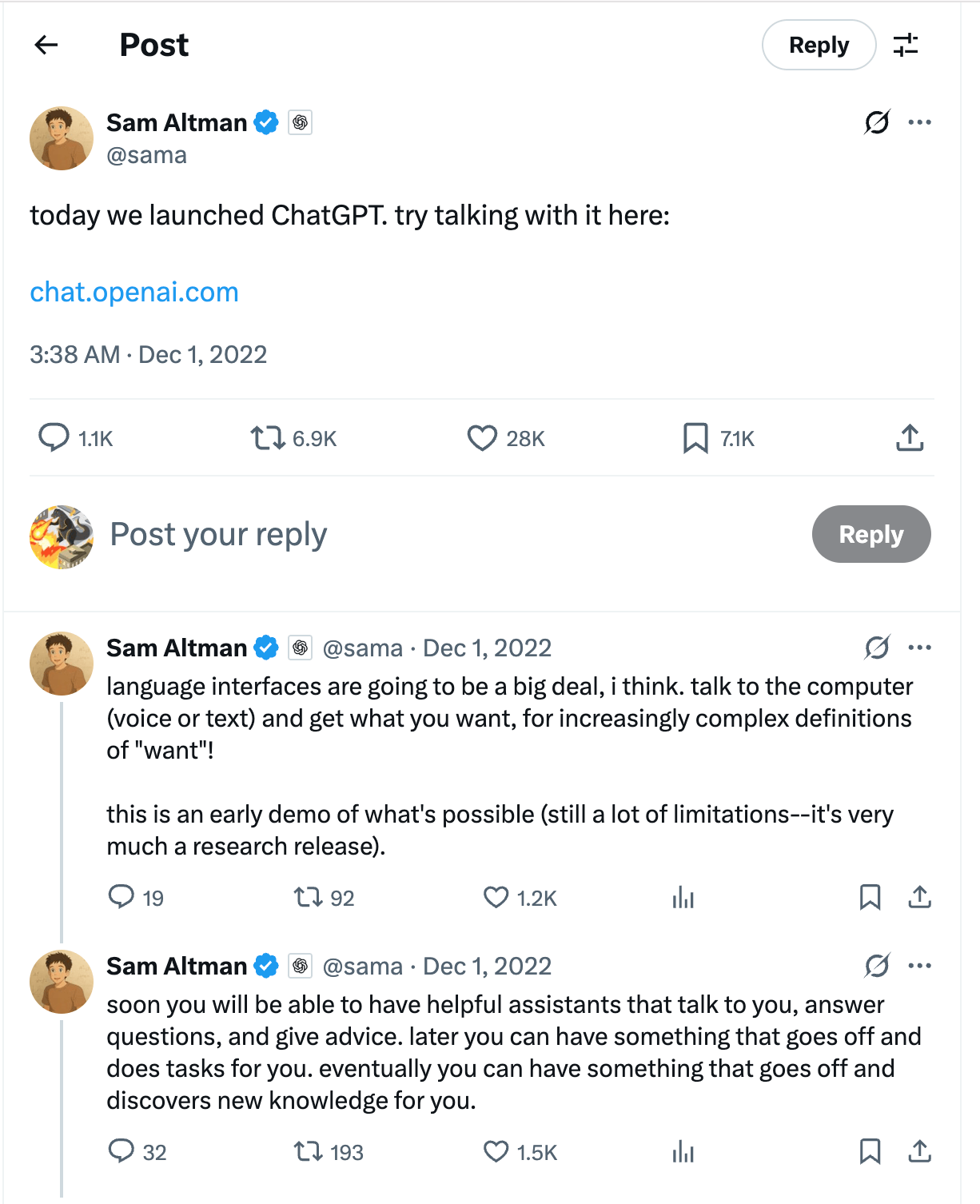OpenAI CEO Sam Altman 发布 ChatGPT 的推文
