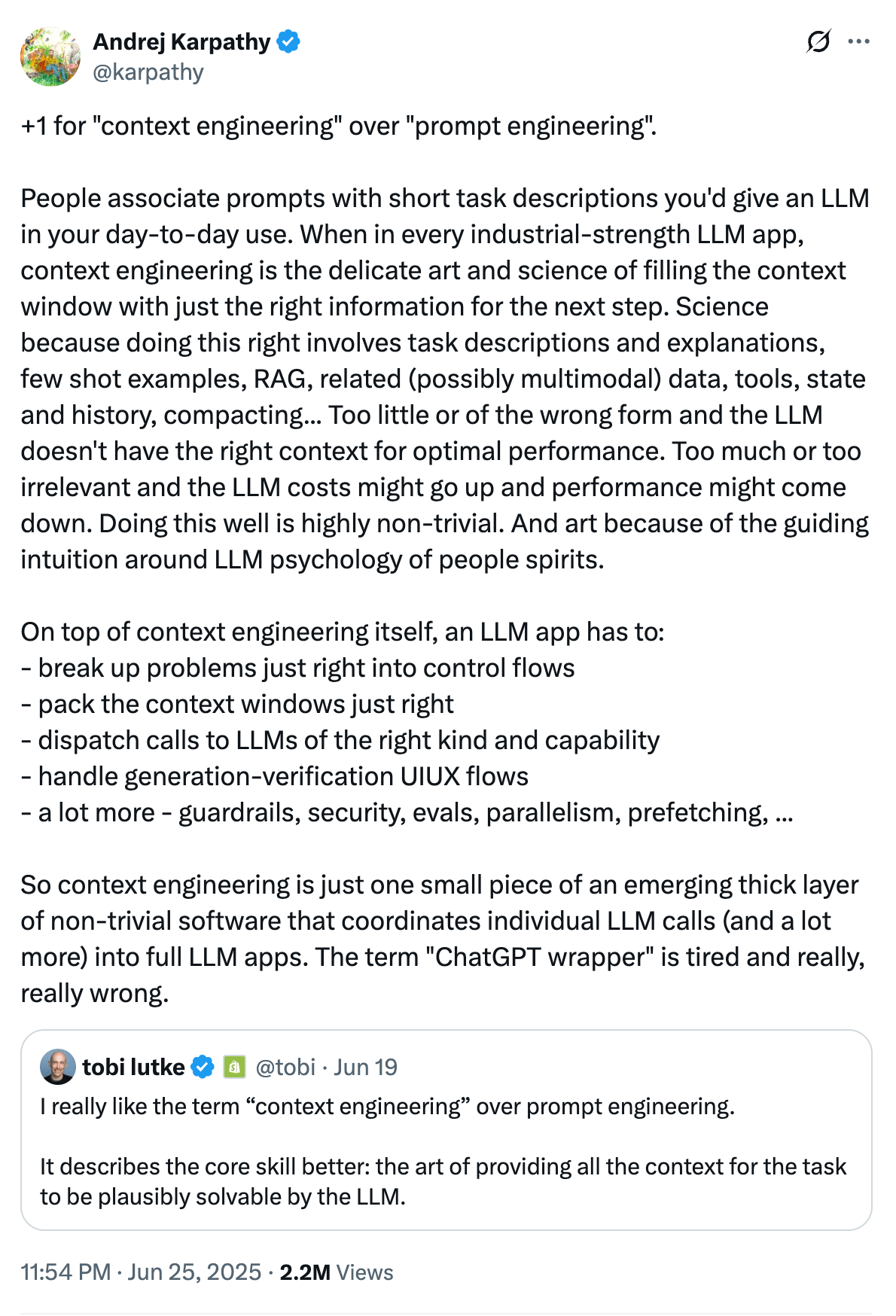 Karpathy 关于上下文工程的推文