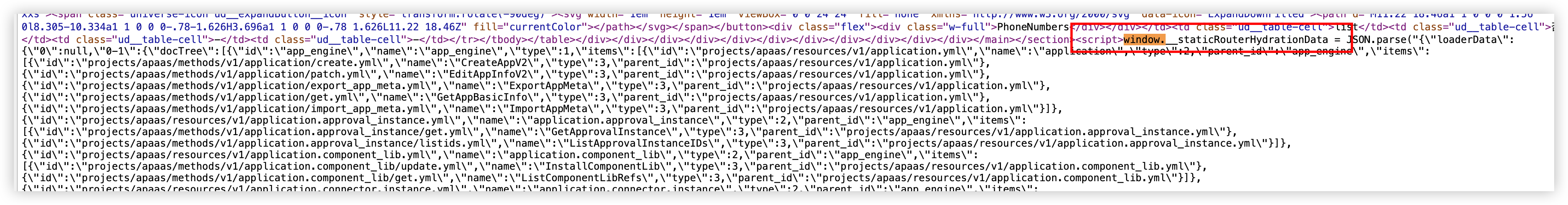 图片展示的是React服务端渲染中Mobx同构的数据脱水代码。在`<script>window.__staticRouterHydrationData = JSON.parse("...")</script>`标签内，呈现了脱水后的JSON数据，包含多个`items`，每个`items`有`id`、`name`、`type`、`parent_id`等字段，如`id`为`projects/apaaS/methods/v1/application/create.yml`的`items`，其`name`为`CreateAppV2`等。该图片与文档中介绍Mobx同构时需在mobx实例初始化时传入脱水数据的内容相关，直观呈现了脱水数据形式。